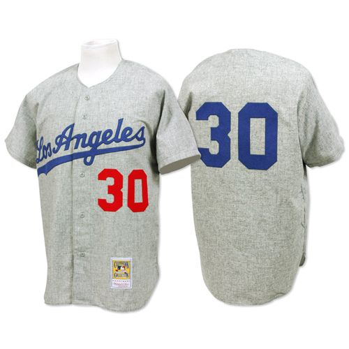Men's Mitchell and Ness 1963 Los Angeles Dodgers #30 Maury Wills Authentic Grey Throwback MLB Jersey