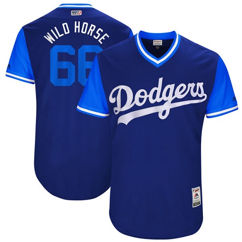 Men's Majestic Los Angeles Dodgers #66 Yasiel Puig "Wild Horse" Authentic Navy Blue 2017 Players Weekend MLB Jersey