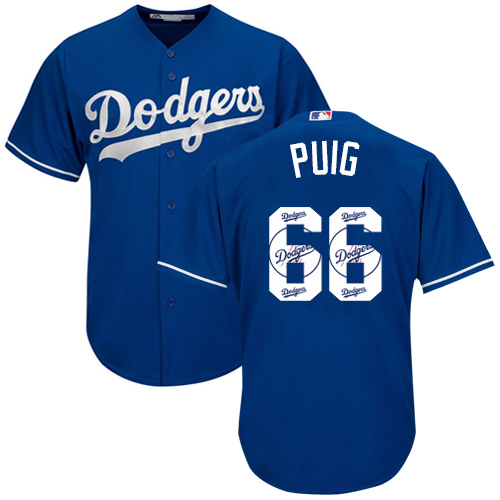 Men's Majestic Los Angeles Dodgers #66 Yasiel Puig Authentic Royal Blue Team Logo Fashion Cool Base MLB Jersey