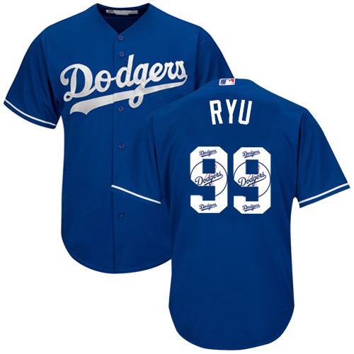 Men's Majestic Los Angeles Dodgers #99 Hyun-Jin Ryu Authentic Royal Blue Team Logo Fashion Cool Base MLB Jersey