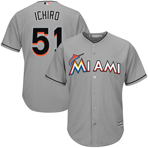Men's Majestic Miami Marlins #51 Ichiro Suzuki Replica Grey Road Cool Base MLB Jersey