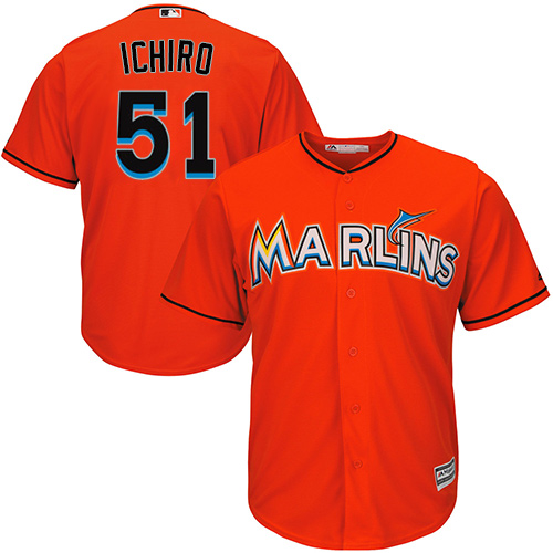 Men's Majestic Miami Marlins #51 Ichiro Suzuki Replica Orange Alternate 1 Cool Base MLB Jersey