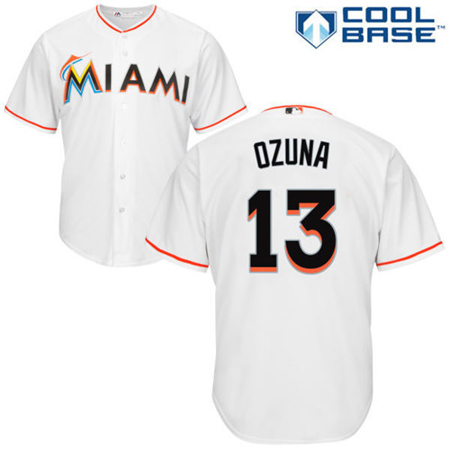 Men's Majestic Miami Marlins #13 Marcell Ozuna Replica White Home Cool Base MLB Jersey