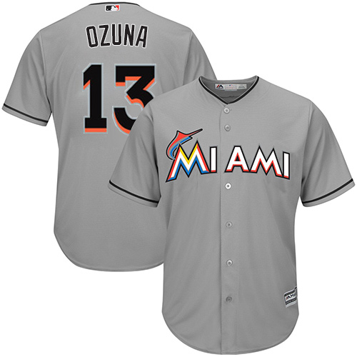 Men's Majestic Miami Marlins #13 Marcell Ozuna Authentic Grey Road Cool Base MLB Jersey