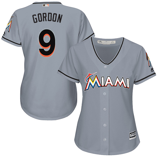 Women's Majestic Miami Marlins #9 Dee Gordon Replica Grey Road Cool Base MLB Jersey