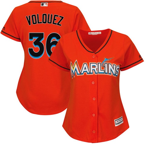 Women's Majestic Miami Marlins #36 Edinson Volquez Authentic Orange Alternate 1 Cool Base MLB Jersey
