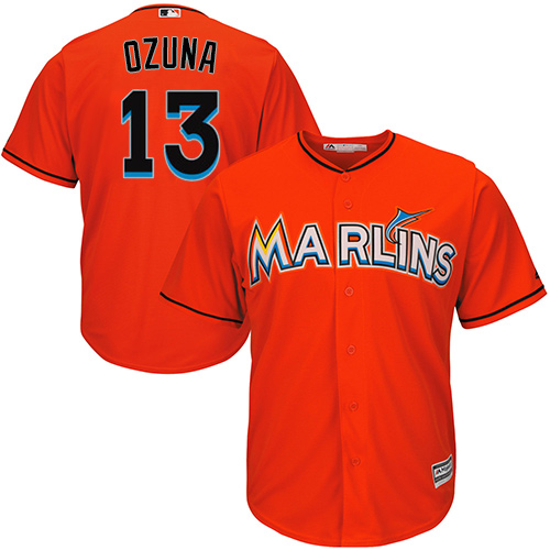Youth Majestic Miami Marlins #13 Marcell Ozuna Authentic Orange Alternate 1 Cool Base MLB Jersey