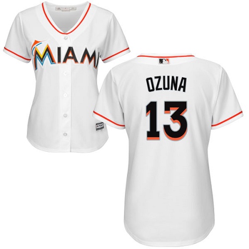 Women's Majestic Miami Marlins #13 Marcell Ozuna Replica White Home Cool Base MLB Jersey