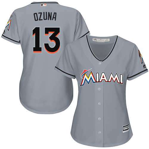 Women's Majestic Miami Marlins #13 Marcell Ozuna Authentic Grey Road Cool Base MLB Jersey