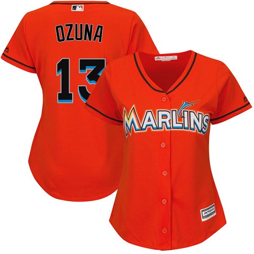 Women's Majestic Miami Marlins #13 Marcell Ozuna Authentic Orange Alternate 1 Cool Base MLB Jersey