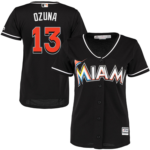 Women's Majestic Miami Marlins #13 Marcell Ozuna Replica Black Alternate 2 Cool Base MLB Jersey