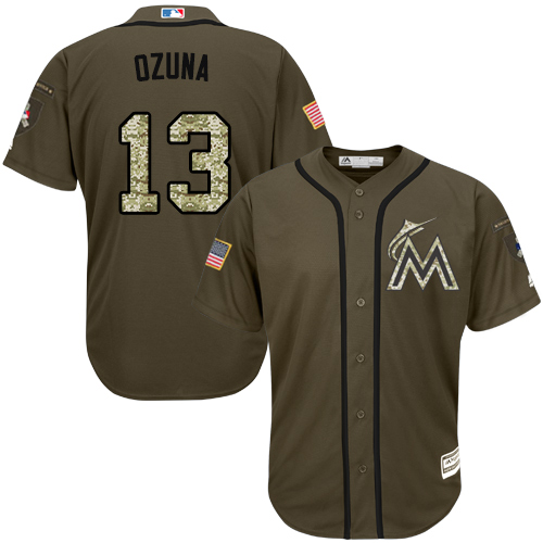 Men's Majestic Miami Marlins #13 Marcell Ozuna Authentic Green Salute to Service MLB Jersey