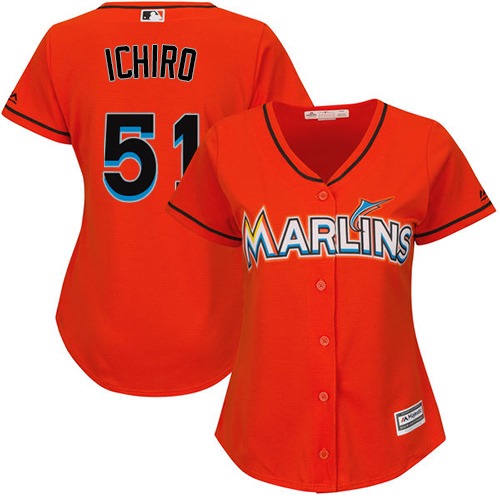 Women's Majestic Miami Marlins #51 Ichiro Suzuki Authentic Orange Alternate 1 Cool Base MLB Jersey