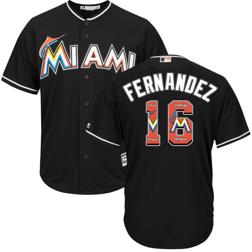Men's Majestic Miami Marlins #16 Jose Fernandez Authentic Black Team Logo Fashion Cool Base MLB Jersey