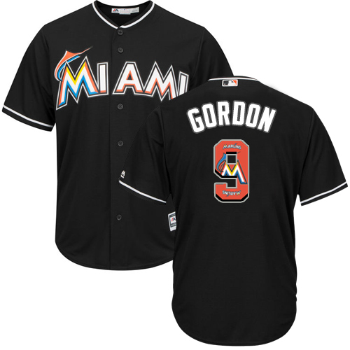 Men's Majestic Miami Marlins #9 Dee Gordon Authentic Black Team Logo Fashion Cool Base MLB Jersey