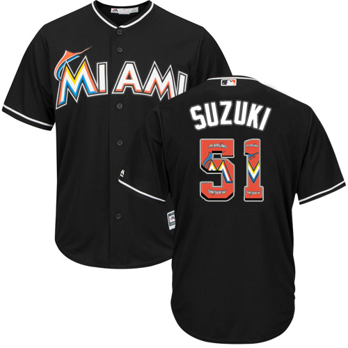 Men's Majestic Miami Marlins #51 Ichiro Suzuki Authentic Black Team Logo Fashion Cool Base MLB Jersey