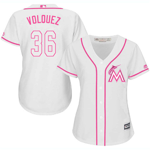 Women's Majestic Miami Marlins #36 Edinson Volquez Authentic White Fashion Cool Base MLB Jersey