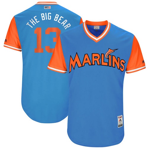 Men's Majestic Miami Marlins #13 Marcell Ozuna "The Big Bear" Authentic Blue 2017 Players Weekend MLB Jersey