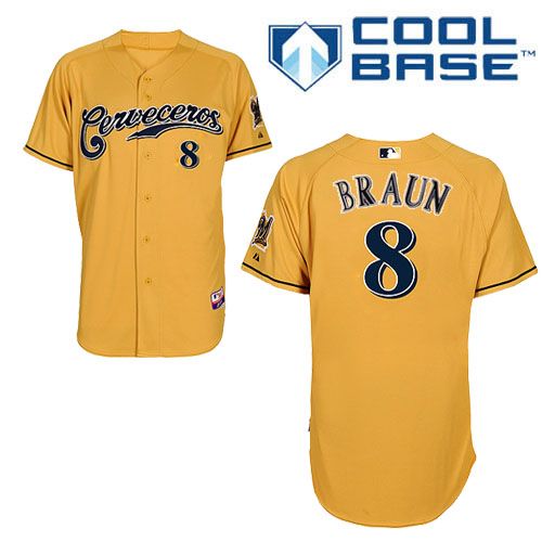 Men's Majestic Milwaukee Brewers #8 Ryan Braun Authentic Gold Cerveceros Cool Base MLB Jersey