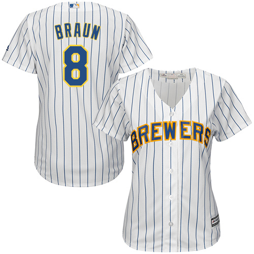 Women's Majestic Milwaukee Brewers #8 Ryan Braun Replica White/Blue Strip MLB Jersey