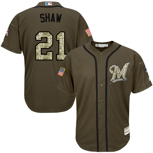 Youth Majestic Milwaukee Brewers #21 Travis Shaw Replica Green Salute to Service MLB Jersey