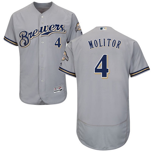 Men's Majestic Milwaukee Brewers #4 Paul Molitor Authentic Grey Road Cool Base MLB Jersey