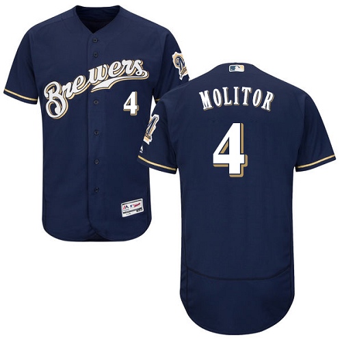 Men's Majestic Milwaukee Brewers #4 Paul Molitor Authentic Navy Blue Alternate Cool Base MLB Jersey