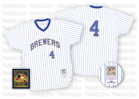 Men's Mitchell and Ness Milwaukee Brewers #4 Paul Molitor Replica White/Blue Strip Throwback MLB Jersey
