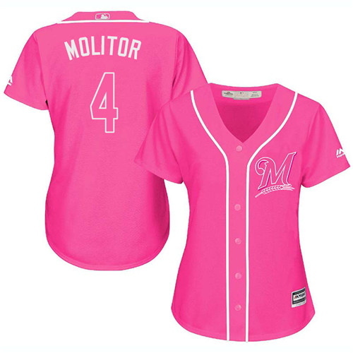 Women's Majestic Milwaukee Brewers #4 Paul Molitor Authentic Pink Fashion Cool Base MLB Jersey