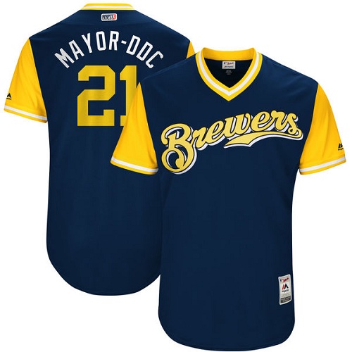 Men's Majestic Milwaukee Brewers #21 Travis Shaw "Mayor-Ddc" Authentic Navy Blue 2017 Players Weekend MLB Jersey