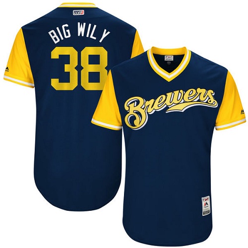 Men's Majestic Milwaukee Brewers #38 Wily Peralta "Big Wily" Authentic Navy Blue 2017 Players Weekend MLB Jersey