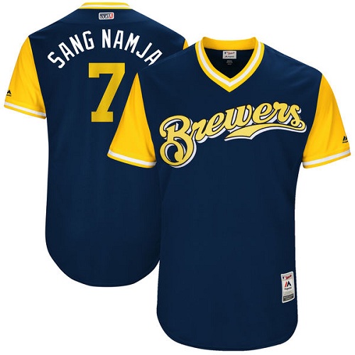 Men's Majestic Milwaukee Brewers #7 Eric Thames "Sang Namja" Authentic Navy Blue 2017 Players Weekend MLB Jersey