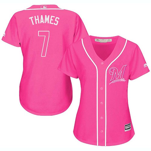 Women's Majestic Milwaukee Brewers #7 Eric Thames Authentic Pink Fashion Cool Base MLB Jersey