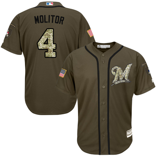 Men's Majestic Milwaukee Brewers #4 Paul Molitor Authentic Green Salute to Service MLB Jersey