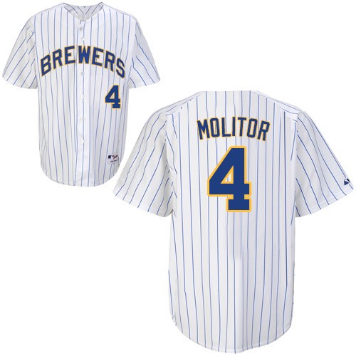 Men's Majestic Milwaukee Brewers #4 Paul Molitor Authentic White (blue strip) MLB Jersey