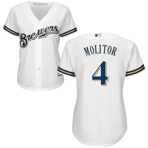Women's Majestic Milwaukee Brewers #4 Paul Molitor Replica White Home Cool Base MLB Jersey