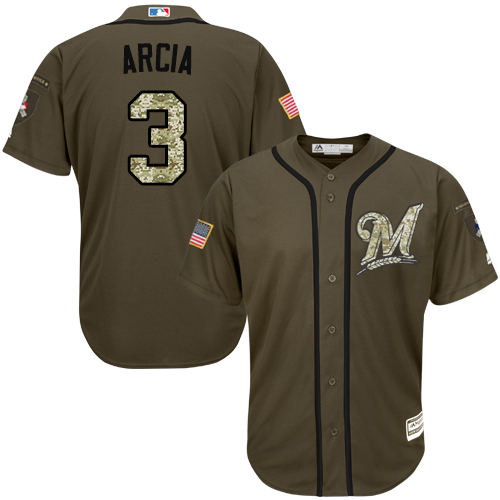 Youth Majestic Milwaukee Brewers #3 Orlando Arcia Replica Green Salute to Service MLB Jersey
