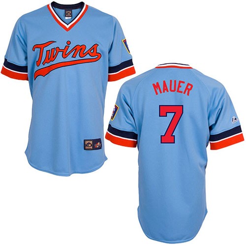 Men's Majestic Minnesota Twins #7 Joe Mauer Authentic Light Blue Cooperstown Throwback MLB Jersey
