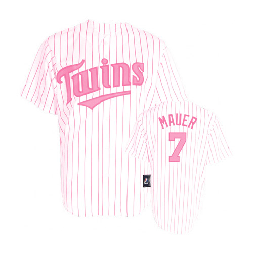 Women's Majestic Minnesota Twins #7 Joe Mauer Replica White/Pink Strip MLB Jersey