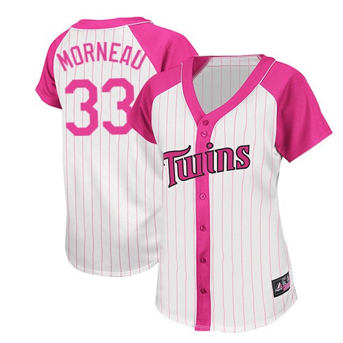 Women's Majestic Minnesota Twins #33 Justin Morneau Authentic White/Pink Splash Fashion MLB Jersey
