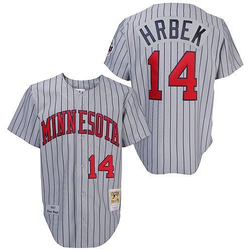 Men's Mitchell and Ness 1987 Minnesota Twins #14 Kent Hrbek Authentic Grey Throwback MLB Jersey