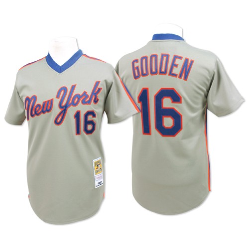 Men's Mitchell and Ness New York Mets #16 Dwight Gooden Replica Grey Throwback MLB Jersey
