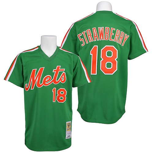 Men's Mitchell and Ness New York Mets #18 Darryl Strawberry Authentic Green Throwback MLB Jersey