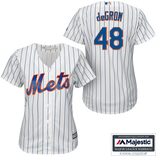 Women's Majestic New York Mets #48 Jacob deGrom Authentic White/Blue Strip MLB Jersey