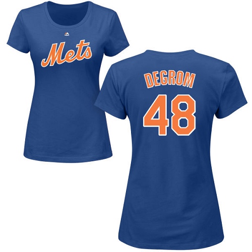 Women's Majestic New York Mets #48 Jacob deGrom Replica White/Blue Strip MLB Jersey