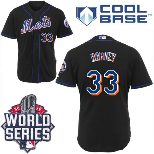 Men's Majestic New York Mets #33 Matt Harvey Authentic Black Cool Base 2015 World Series MLB Jersey