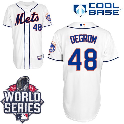 Men's Majestic New York Mets #48 Jacob deGrom Authentic White Alternate Cool Base 2015 World Series MLB Jersey