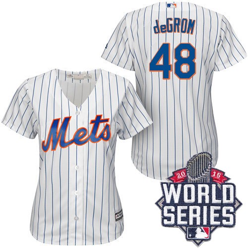 Women's Majestic New York Mets #48 Jacob deGrom Authentic White/Blue Strip 2015 World Series MLB Jersey