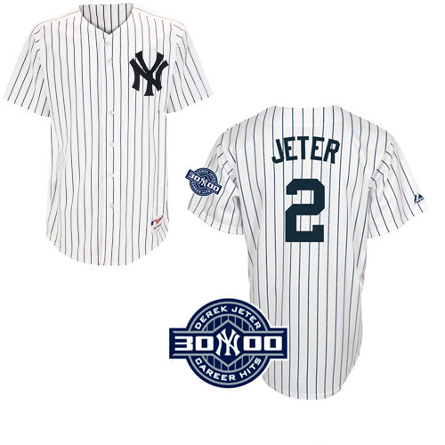 Men's Majestic New York Yankees #2 Derek Jeter Replica White W/3000 Hits Patch(Have Player Name on Back) MLB Jersey