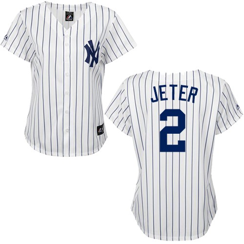 Women's Majestic New York Yankees #2 Derek Jeter Authentic White/Black Strip MLB Jersey